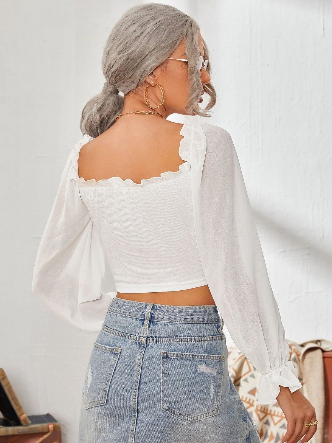Mesh Sweetheart Neck Flounce Sleeve Top - Siennasass