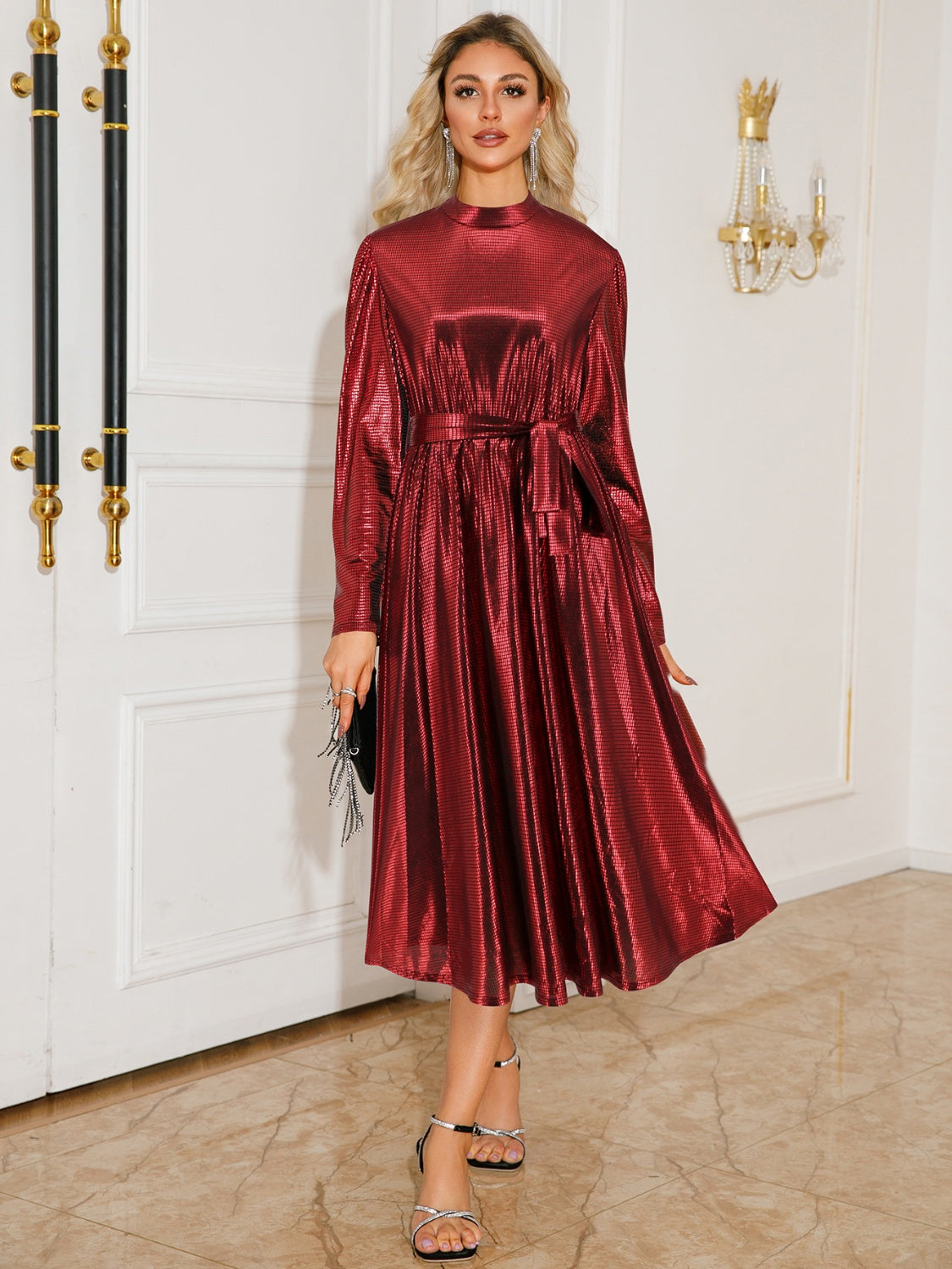 Tie Waist Long Sleeve Midi Dress - Siennasass