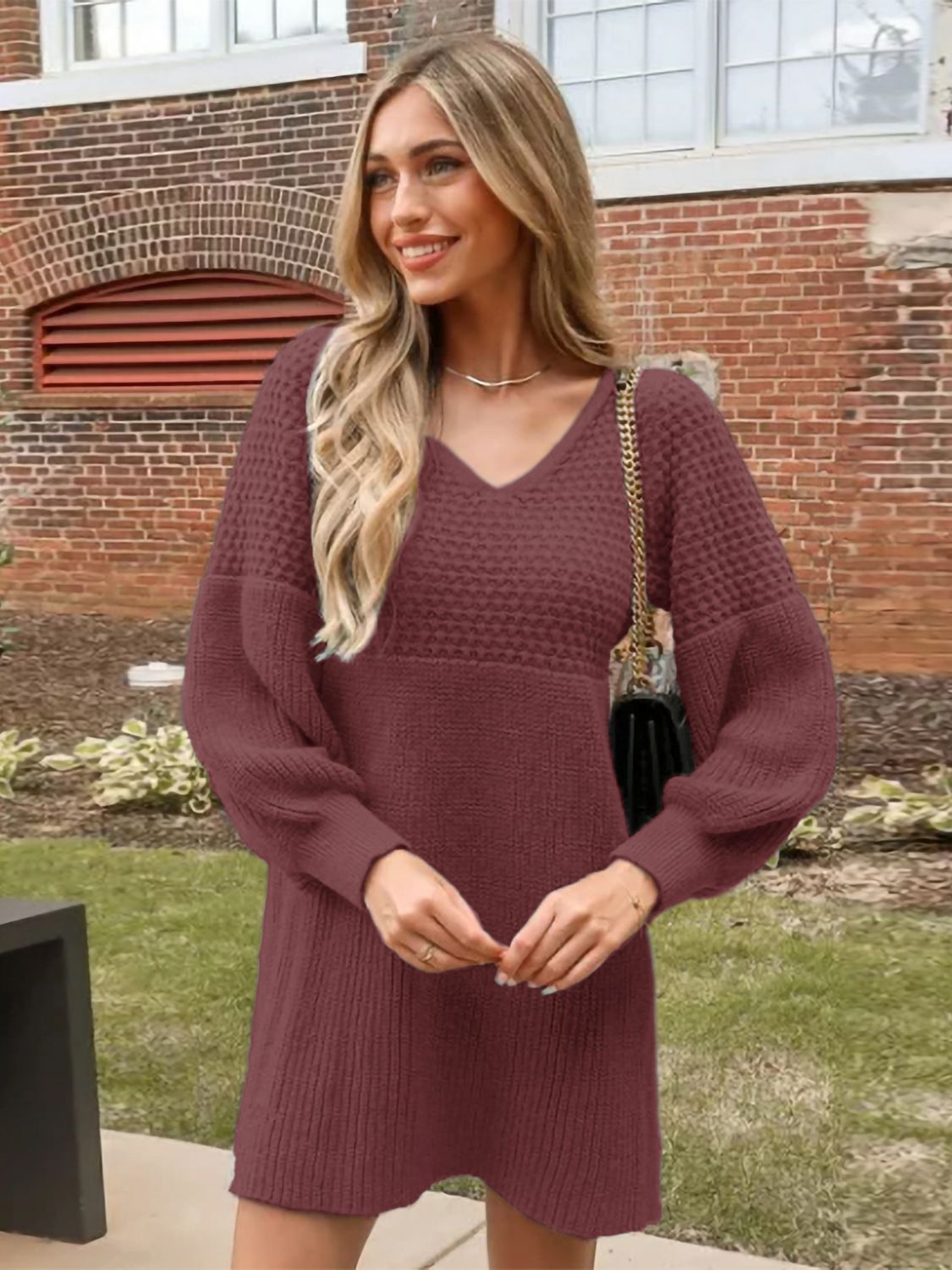 Perfee V-Neck Long Sleeve Sweater Dress - Siennasass