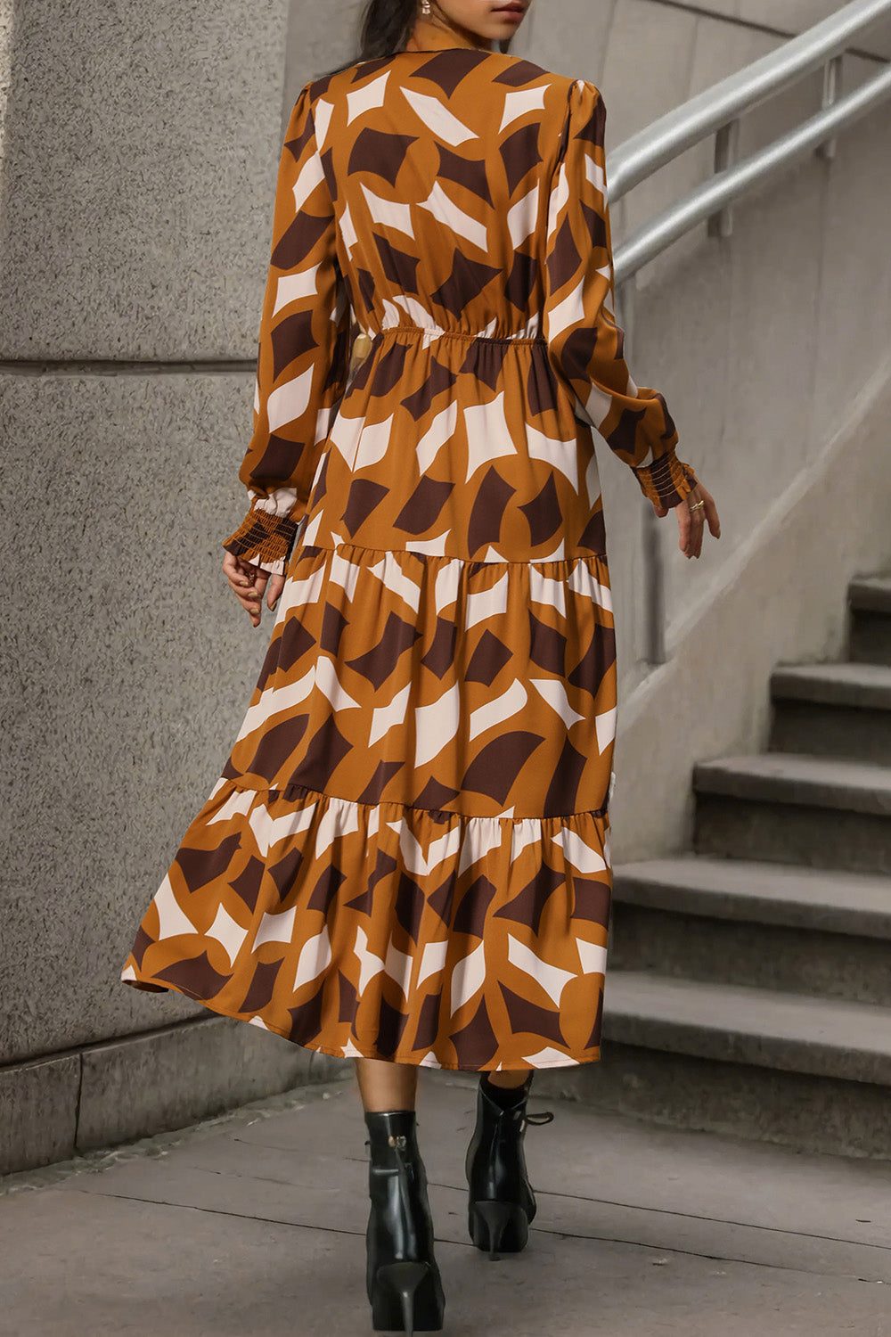 Perfee Printed Tied Pocketed Lantern Sleeve Dress - Siennasass