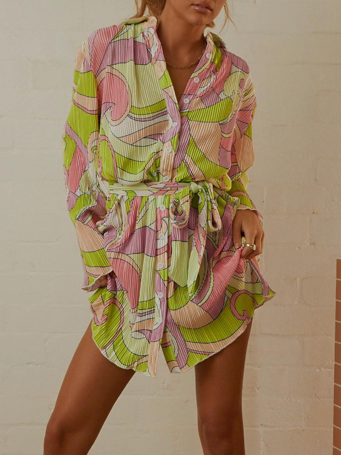 Tied Button Up Long Sleeve Dress - Siennasass