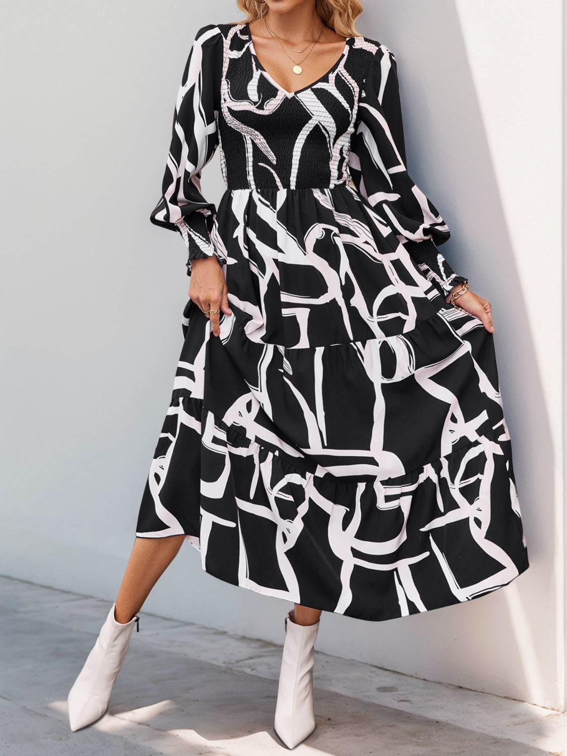 Perfee Smocked Printed Long Sleeve Midi Dress - Siennasass