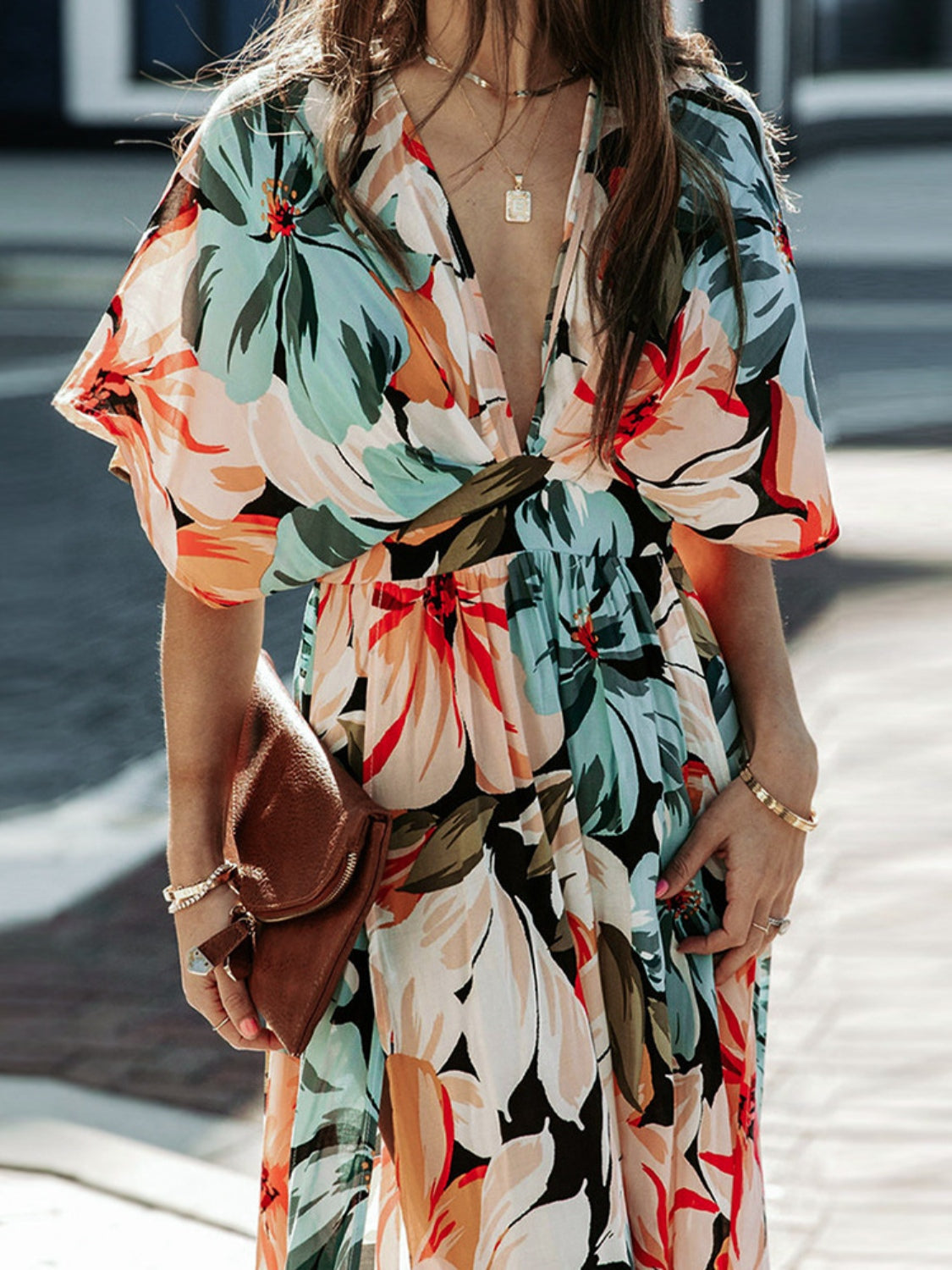 Floral Plunge Half Sleeve Dress - Siennasass