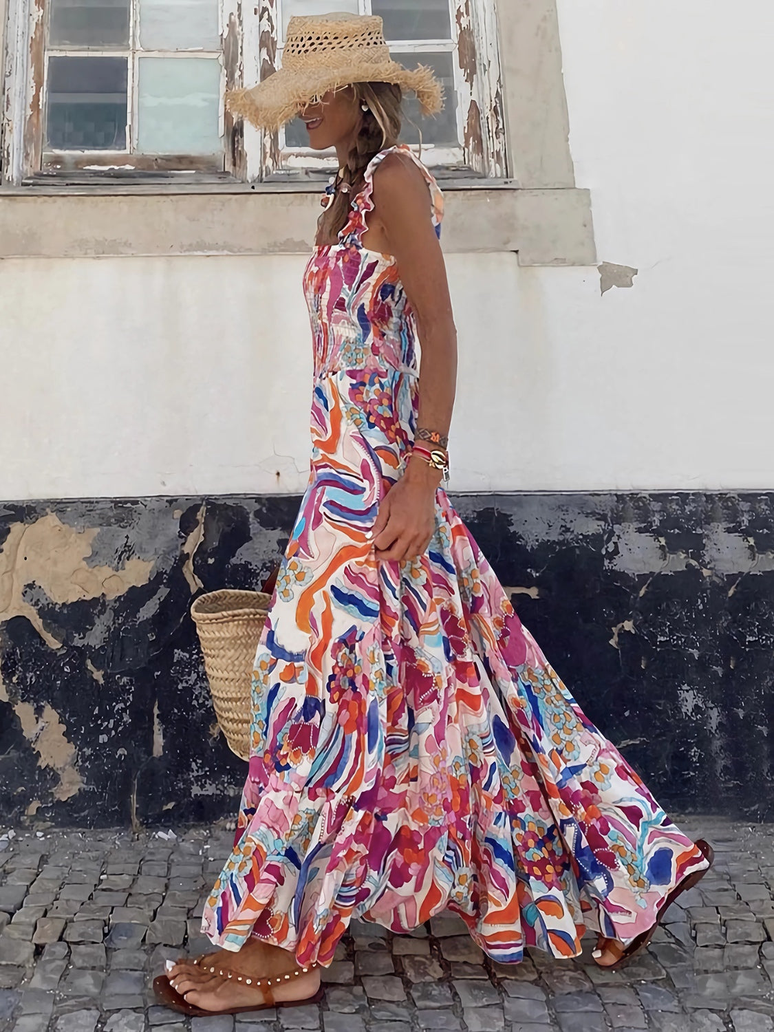 Smocked Printed Square Neck Sleeveless Dress - Siennasass