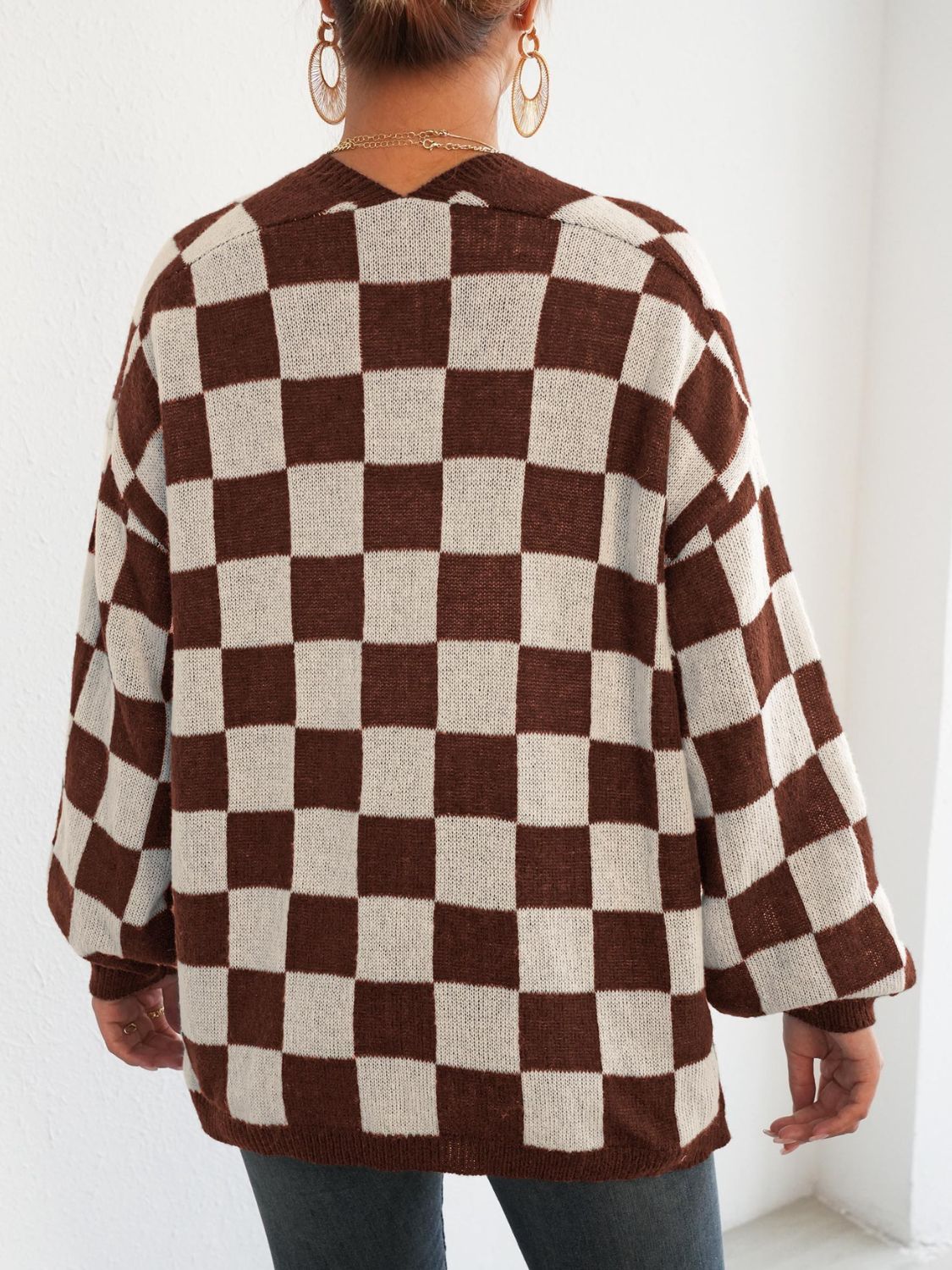 Checkered Open Front Long Sleeve Cardigan - Siennasass