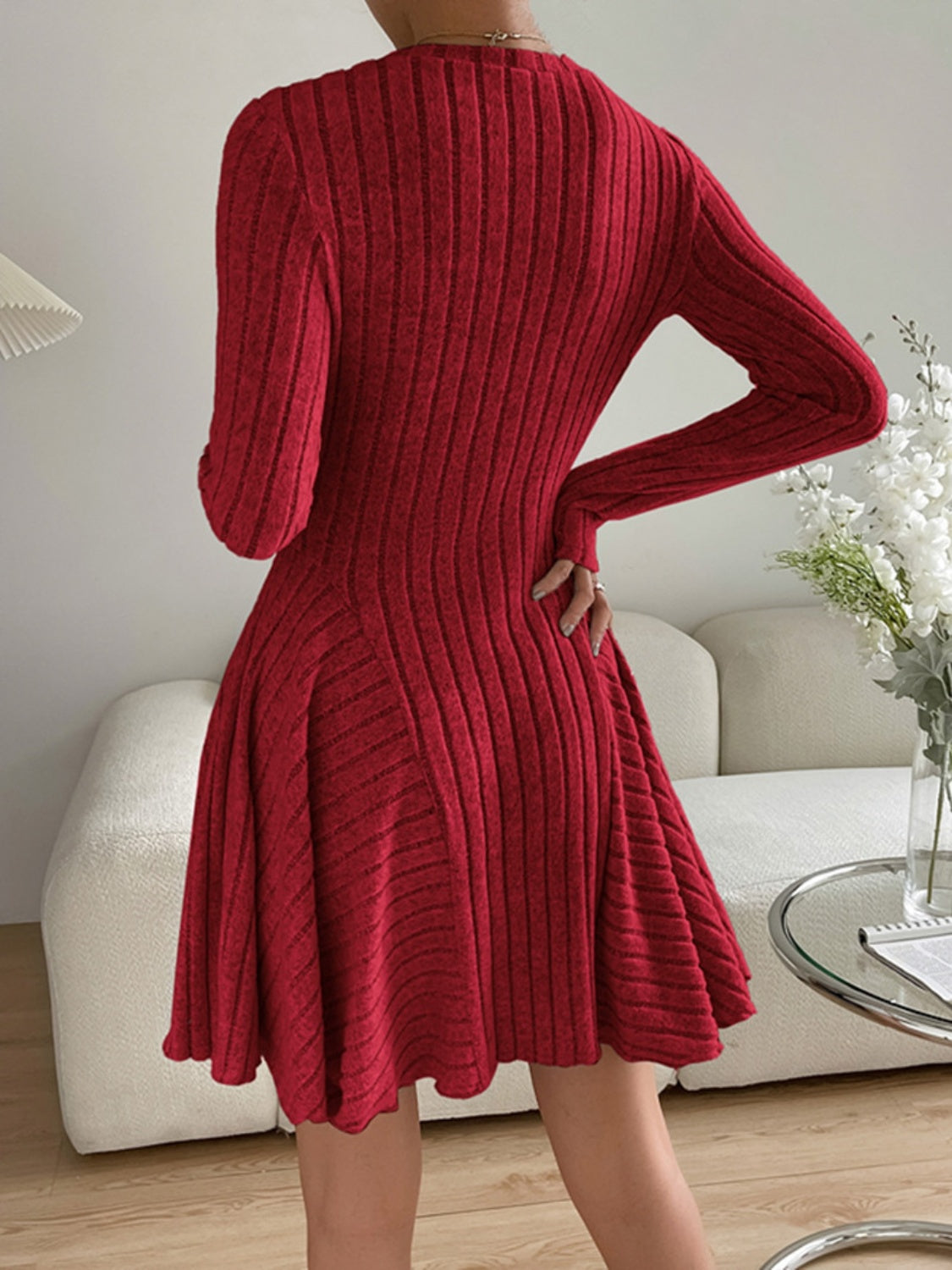 Ribbed Round Neck Long Sleeve Dress - Siennasass