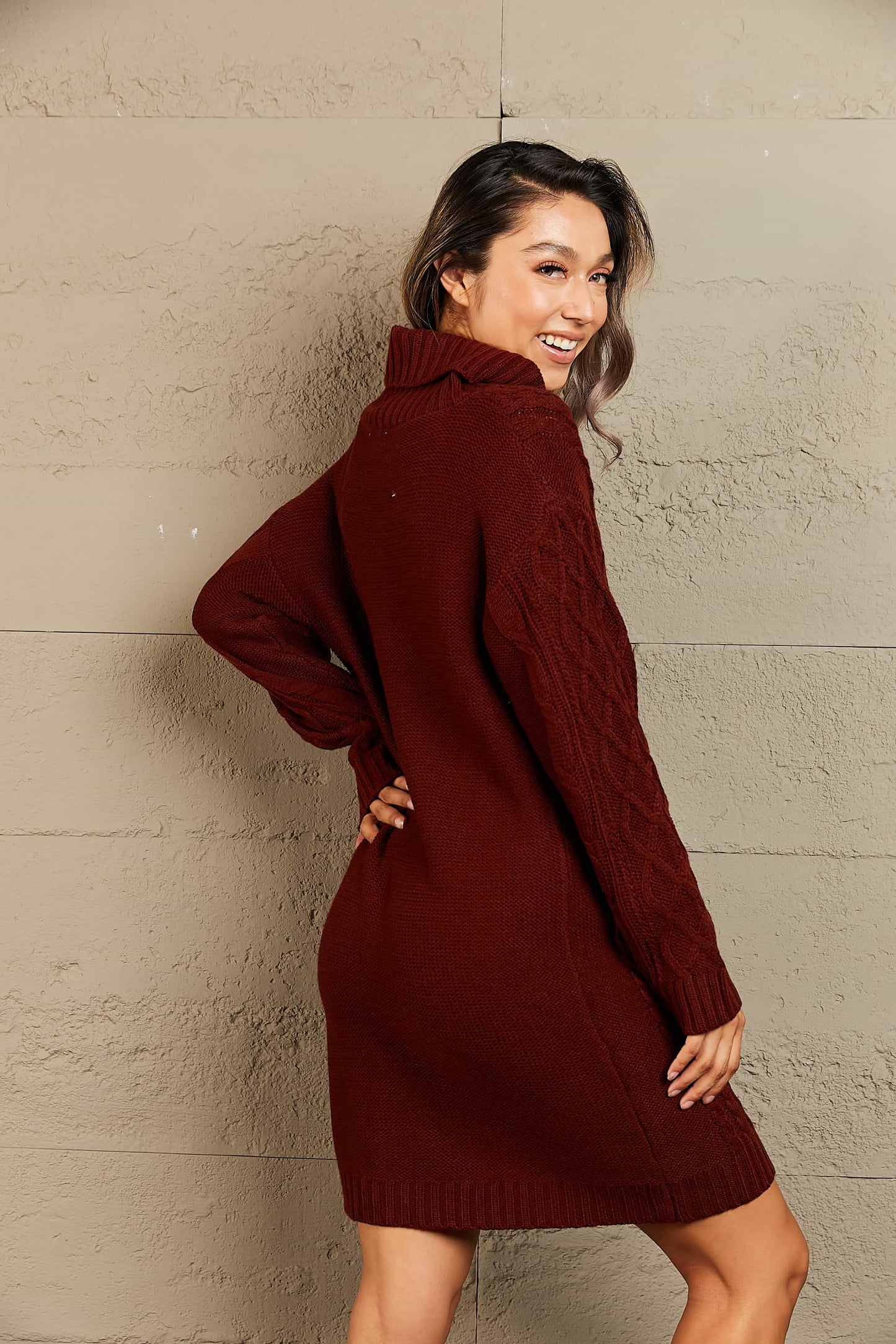 Woven Right Full Size Mixed Knit Cowl Neck Dropped Shoulder Sweater Dress - Siennasass
