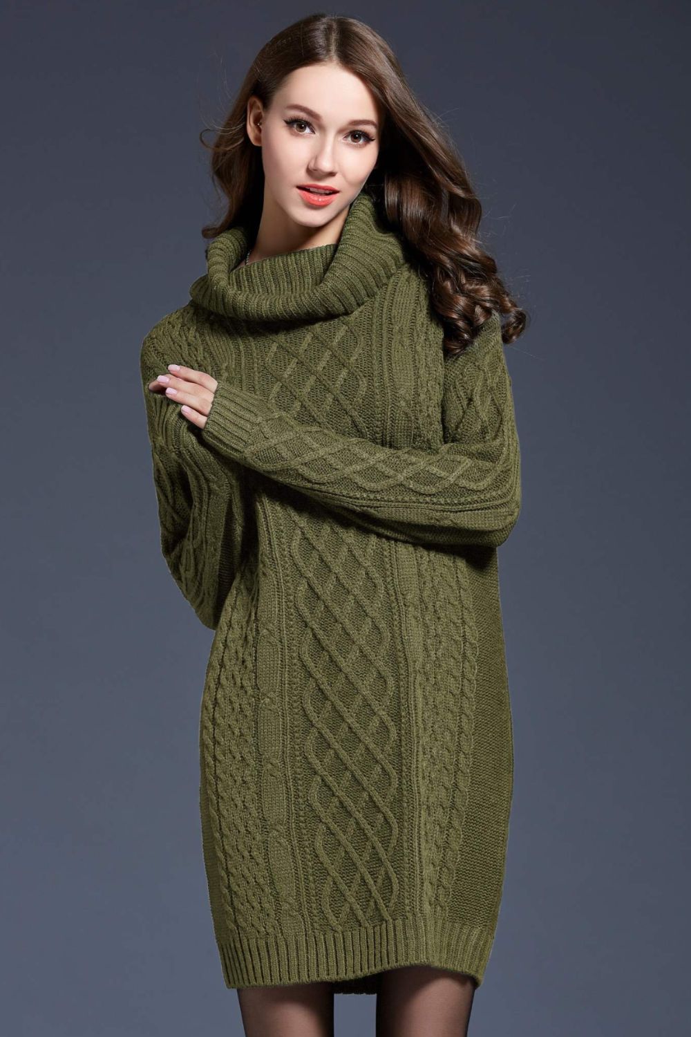 Woven Right Full Size Mixed Knit Cowl Neck Dropped Shoulder Sweater Dress - Siennasass