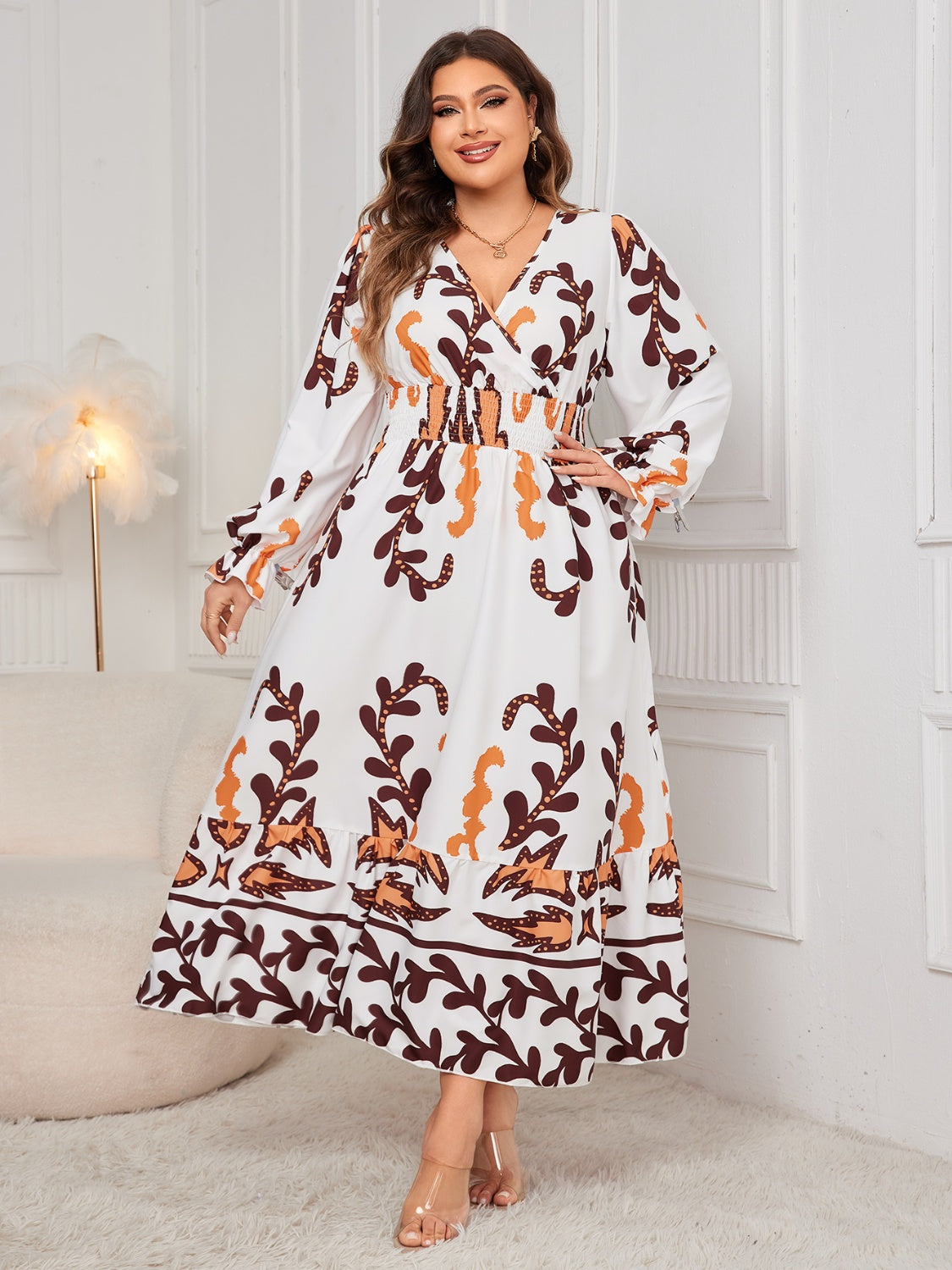 Plus Size Printed Surplice Flounce Sleeve Dress - Siennasass
