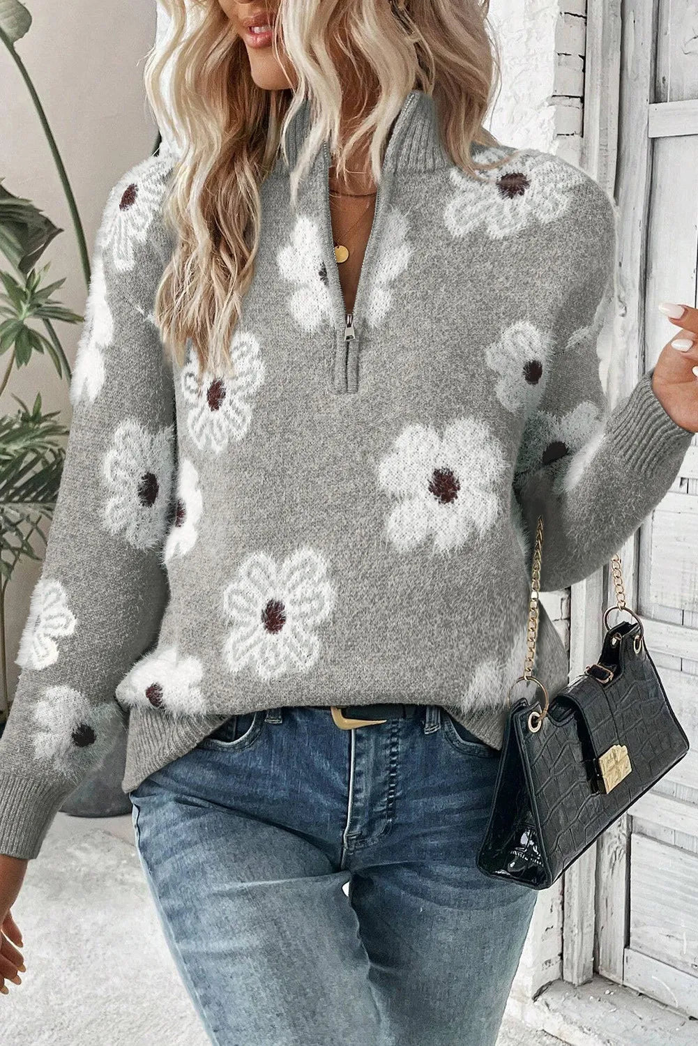 Flower Half Zip Long Sleeve Sweater - Siennasass