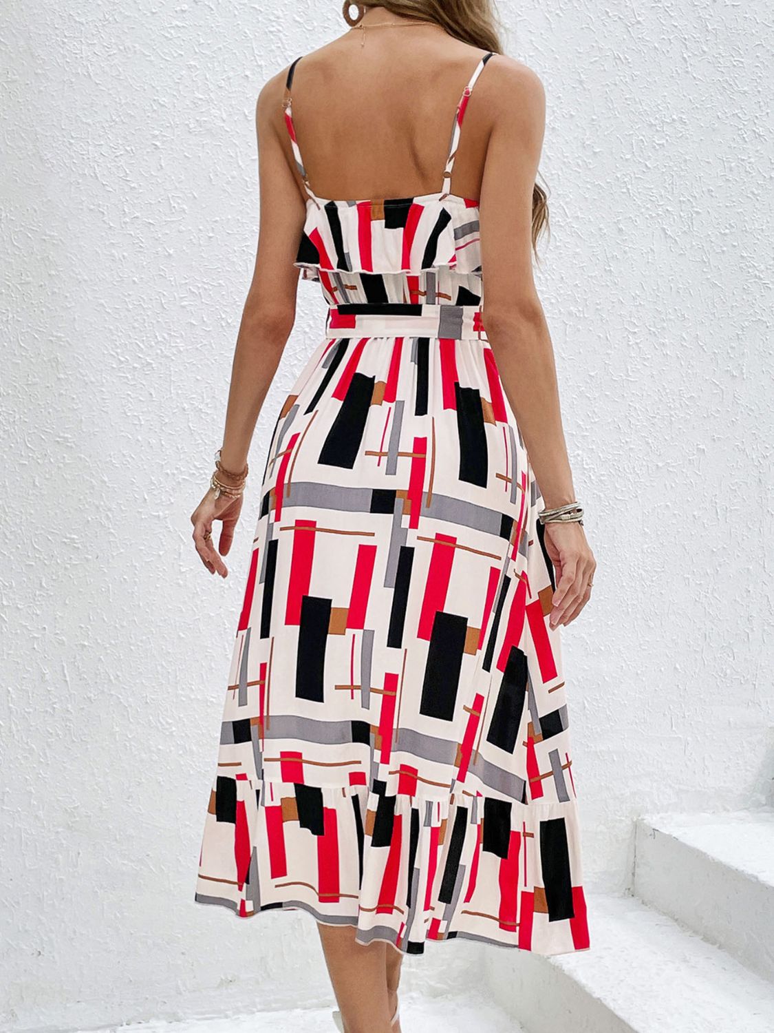 Ruffled Printed Tie Waist Midi Dress - Siennasass