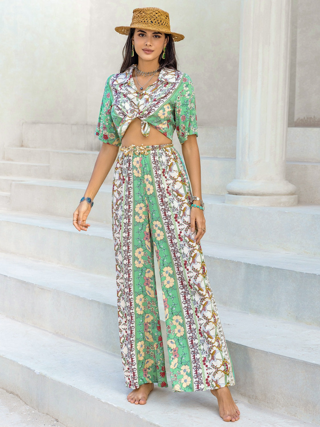 Printed Half Sleeve Top and Wide Leg Pants Set - Siennasass