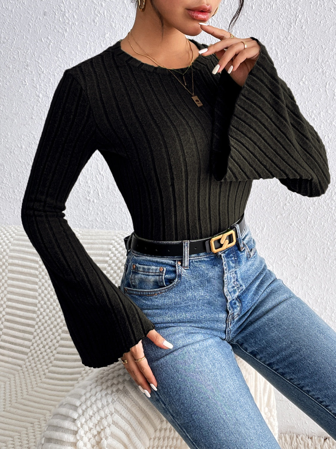 Round Neck Flare Sleeve T-Shirt - Siennasass