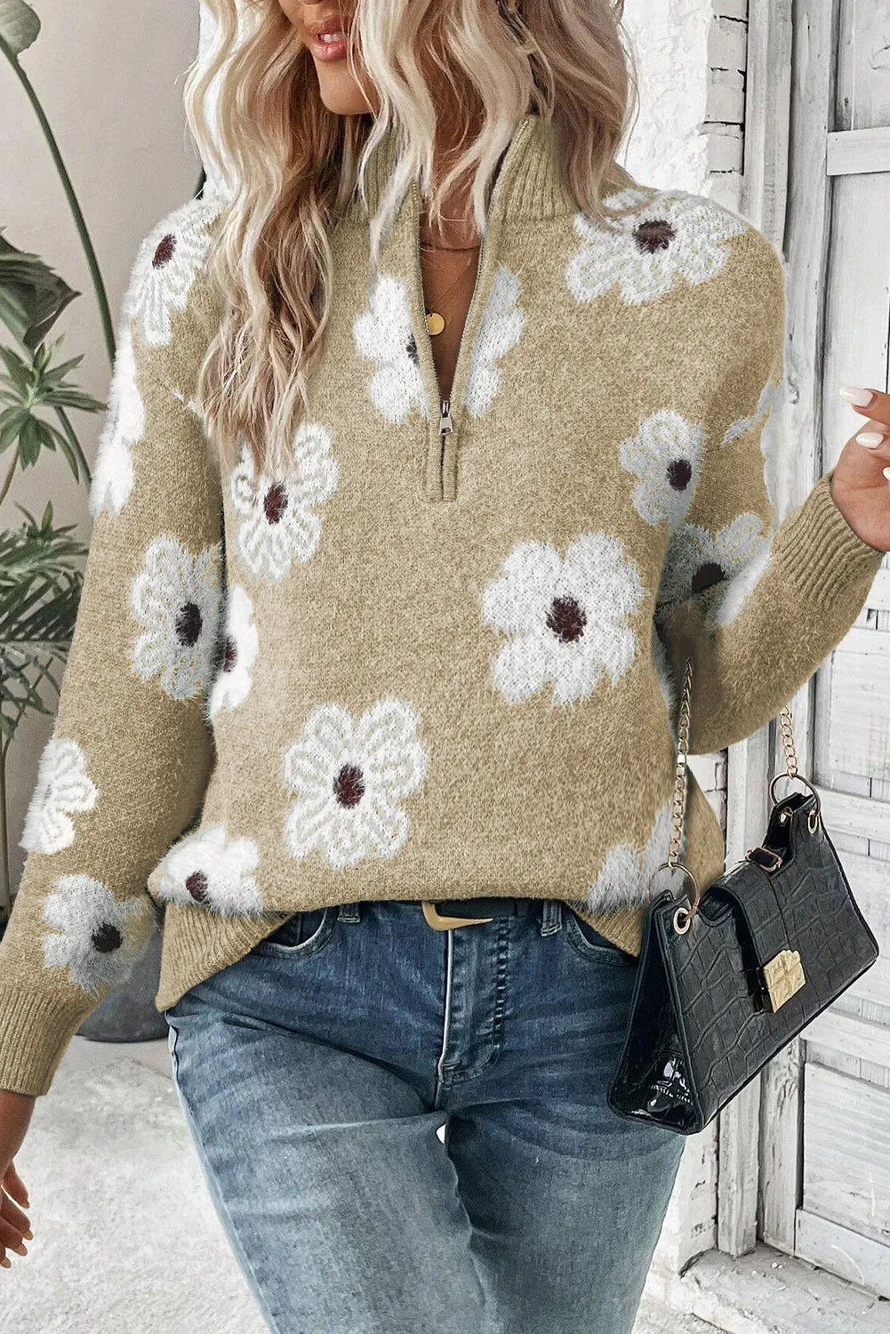 Flower Half Zip Long Sleeve Sweater - Siennasass