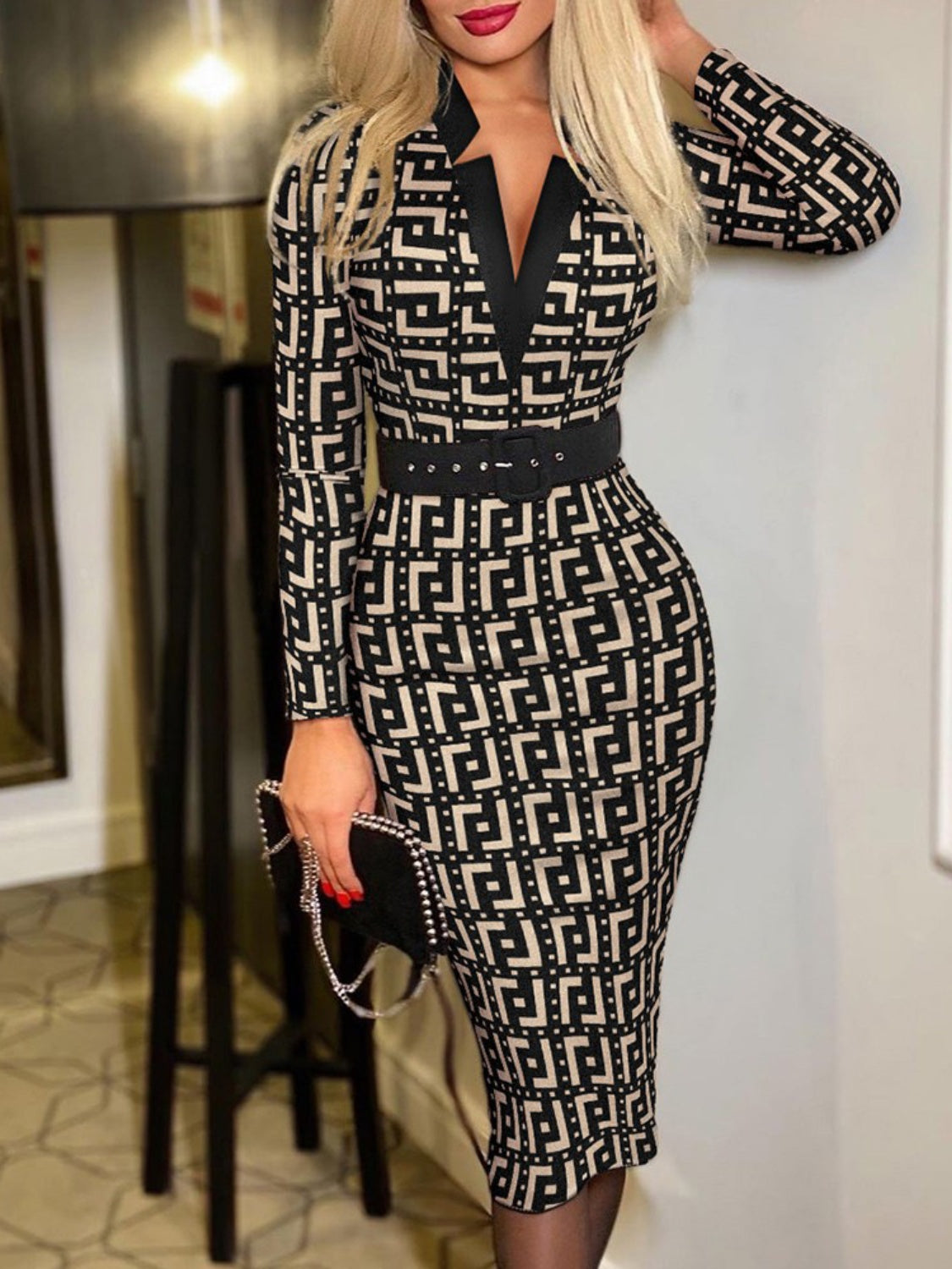Printed Notched Long Sleeve Wrap Dress - Siennasass