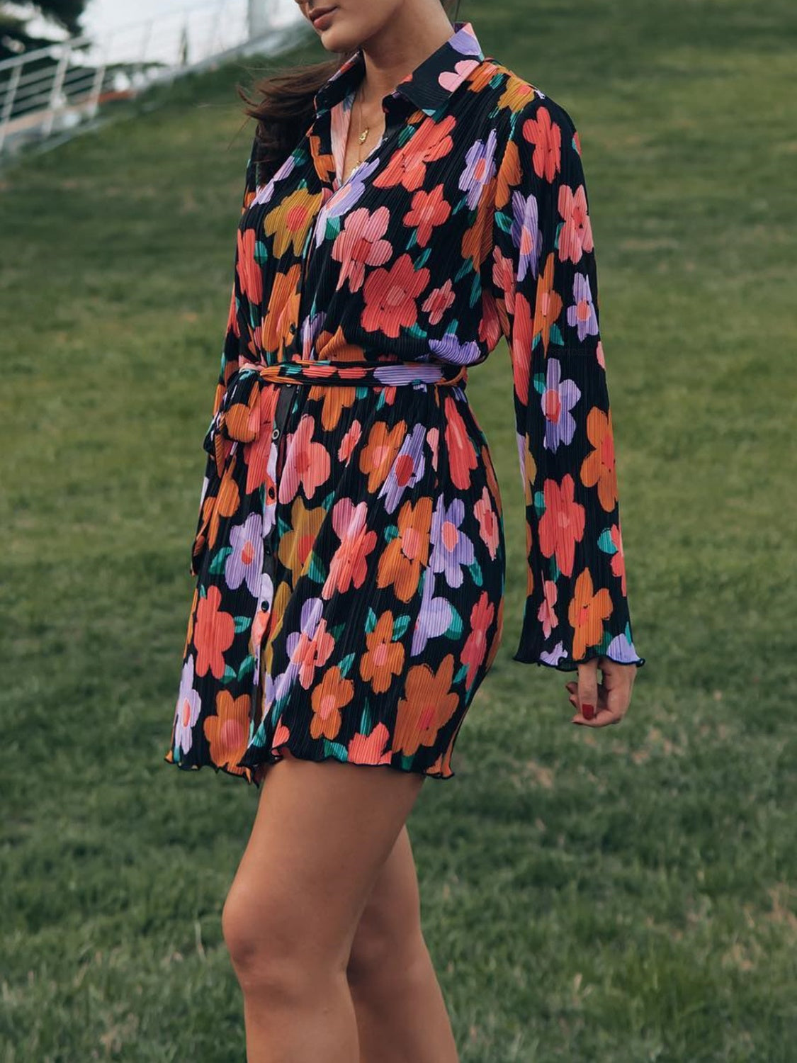 Tied Button Up Long Sleeve Dress - Siennasass