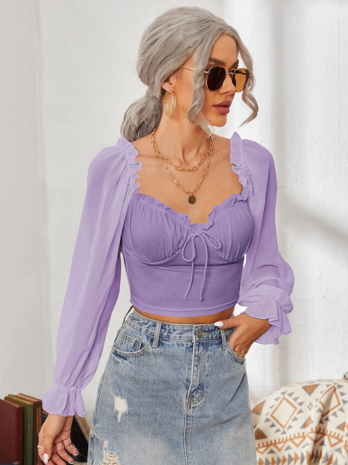 Mesh Sweetheart Neck Flounce Sleeve Top - Siennasass