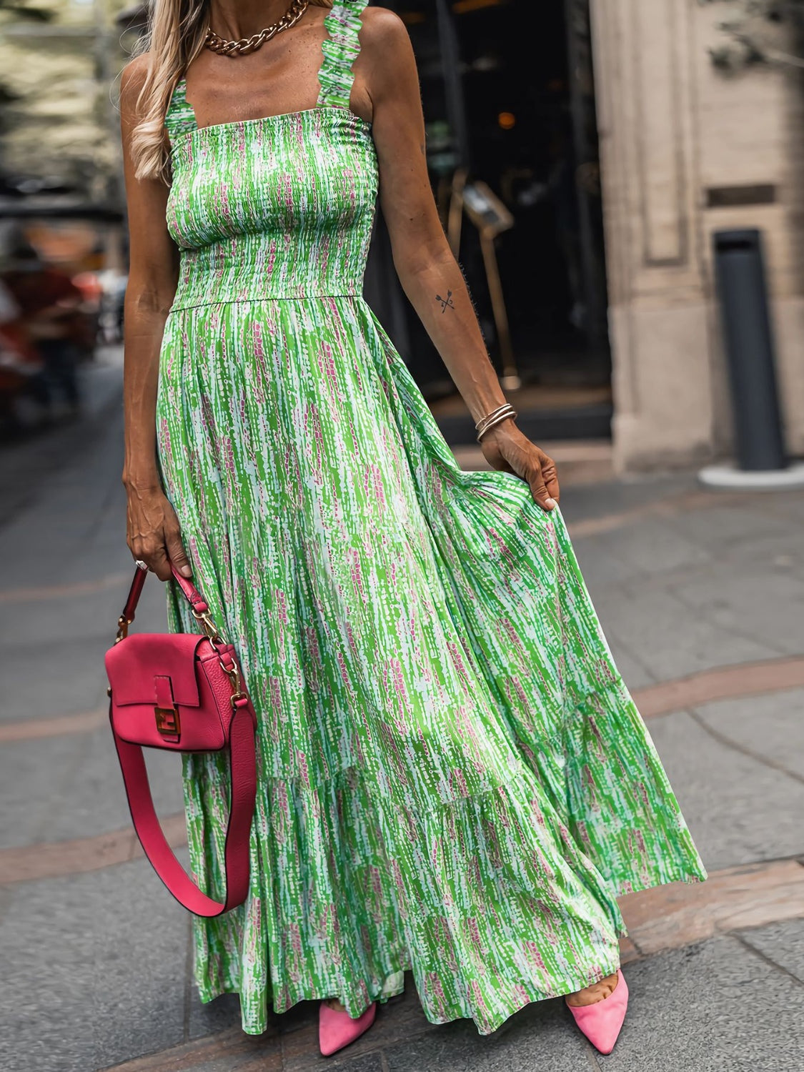Smocked Printed Square Neck Sleeveless Dress - Siennasass