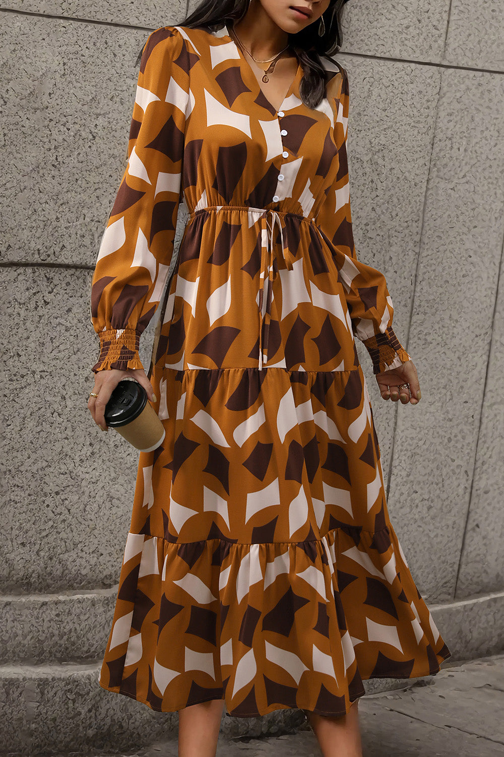 Perfee Printed Tied Pocketed Lantern Sleeve Dress - Siennasass
