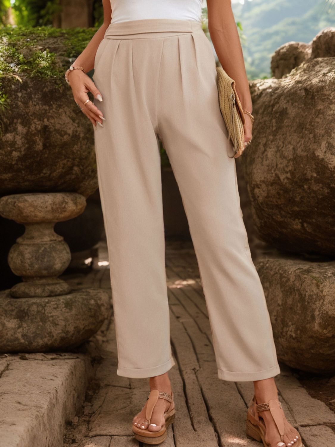 Ruched Half Elastic Waist Pants - Siennasass