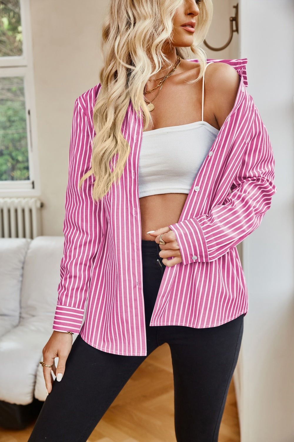 Striped Button Up Long Sleeve Shirt - Siennasass