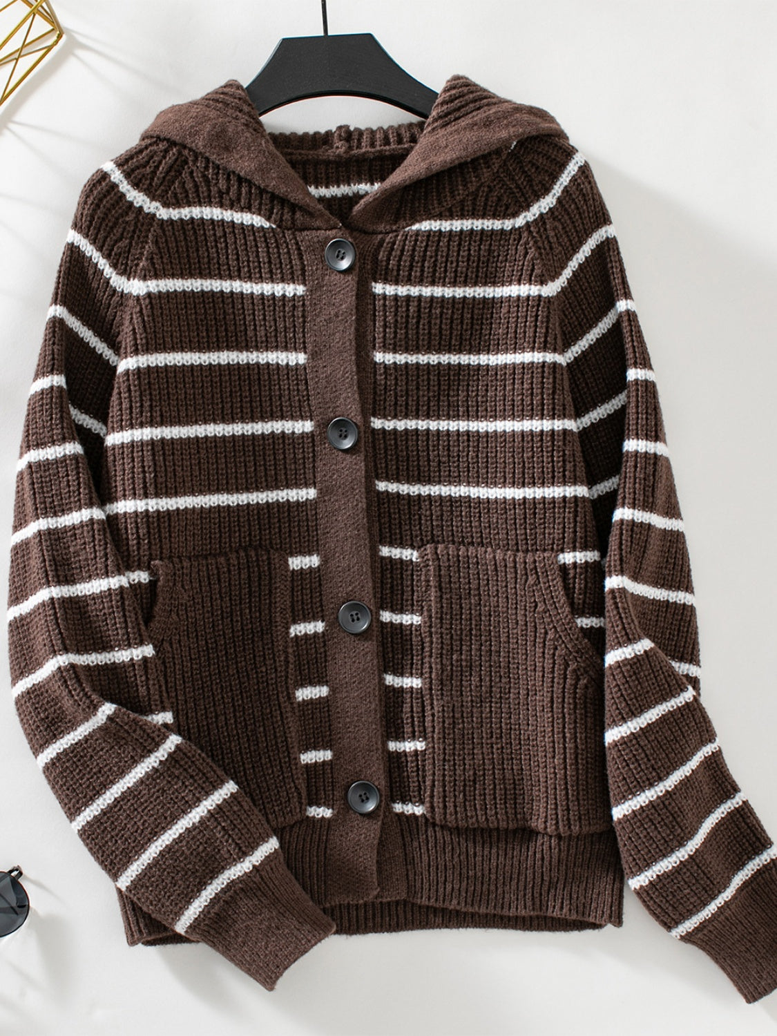 Striped Button Up Long Sleeve Hooded Cardigan - Siennasass