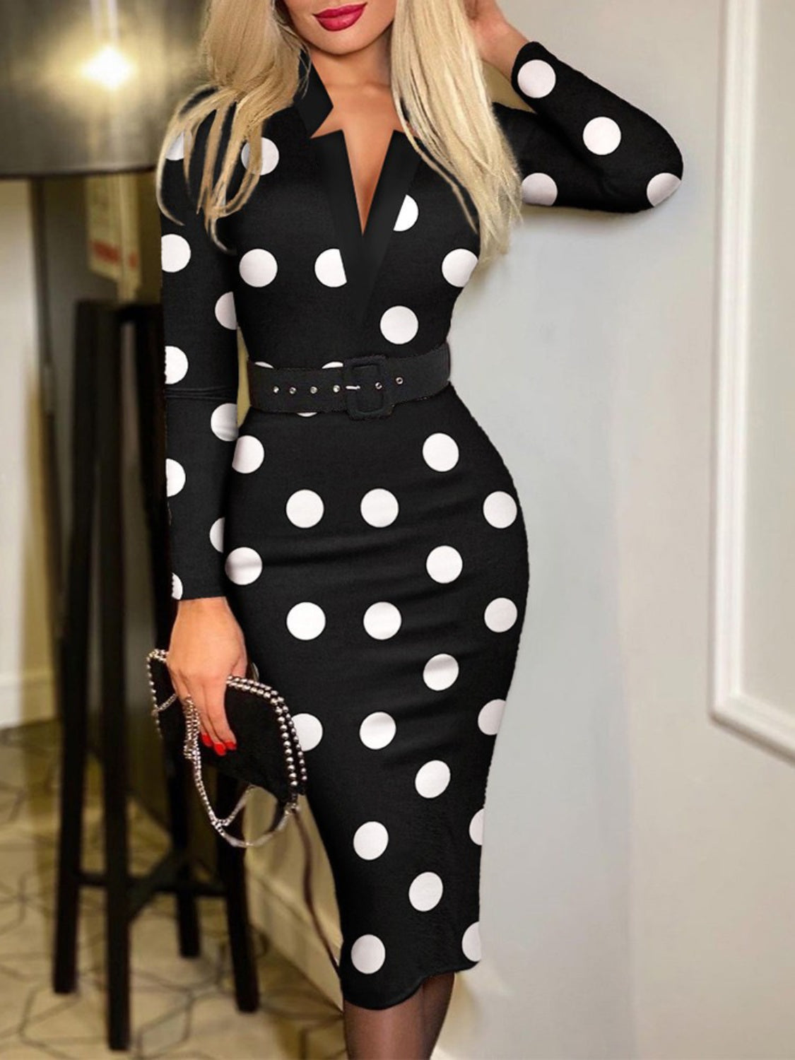 Printed Notched Long Sleeve Wrap Dress - Siennasass