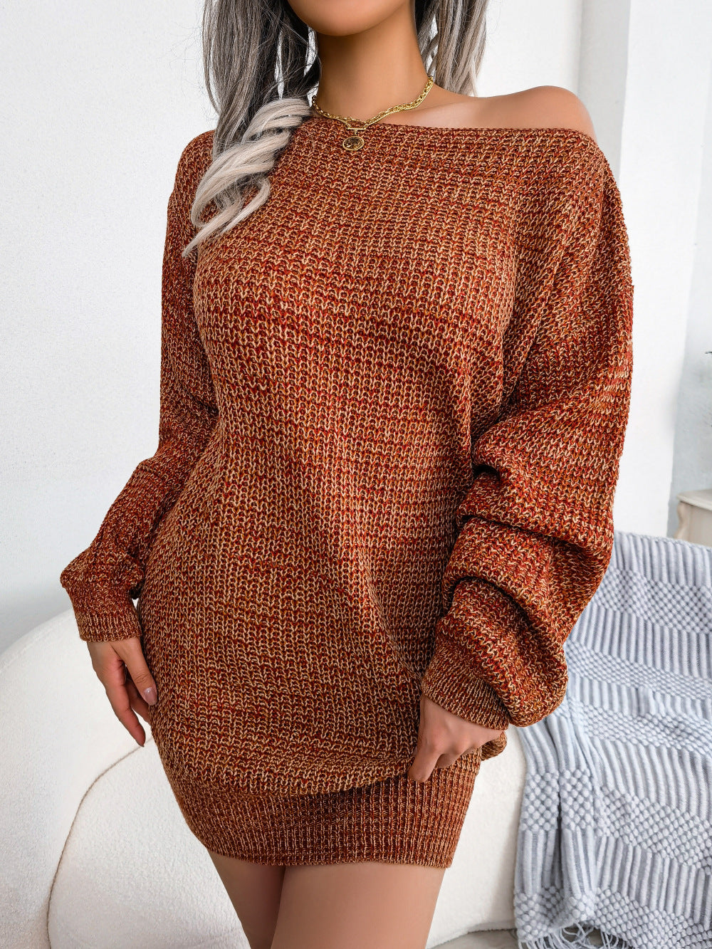 Heathered Boat Neck Lantern Sleeve Sweater Dress - Siennasass