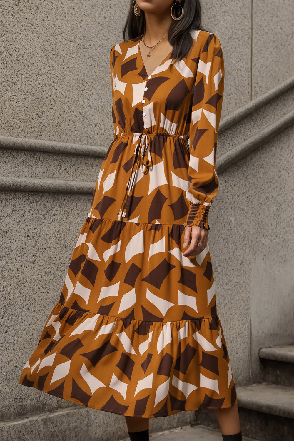 Perfee Printed Tied Pocketed Lantern Sleeve Dress - Siennasass
