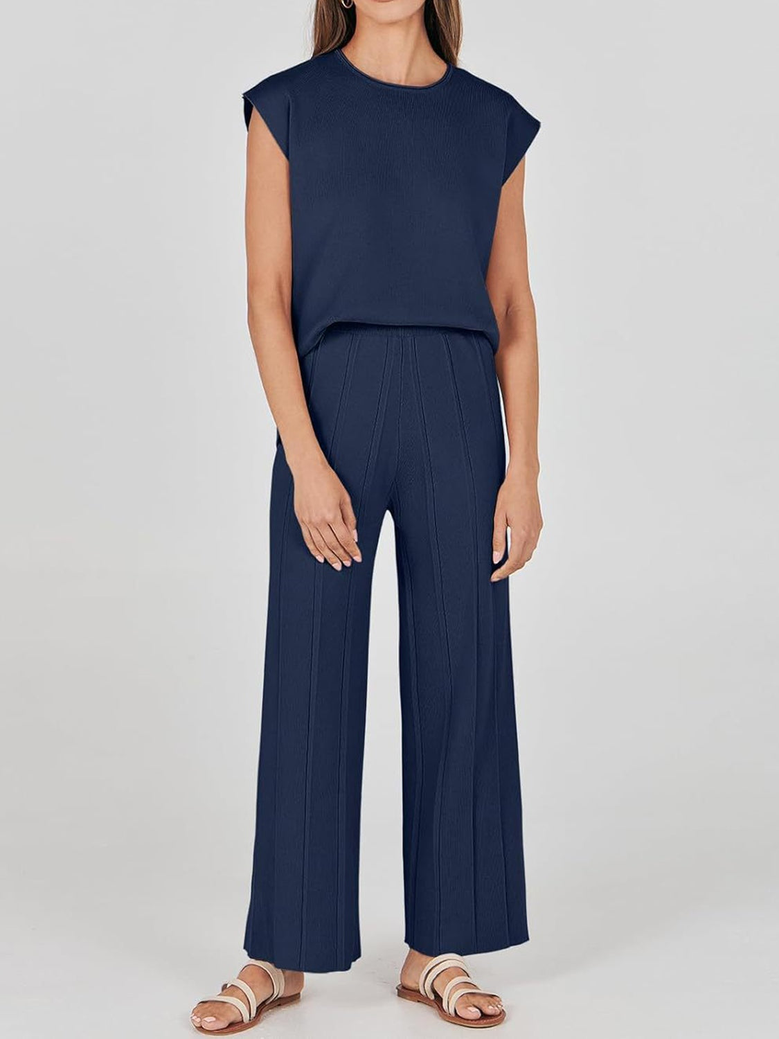 Round Neck Cap Sleeve Top and Pants Knit Set - Siennasass