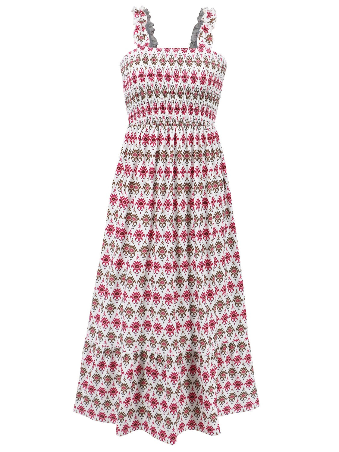 Smocked Printed Square Neck Sleeveless Dress - Siennasass