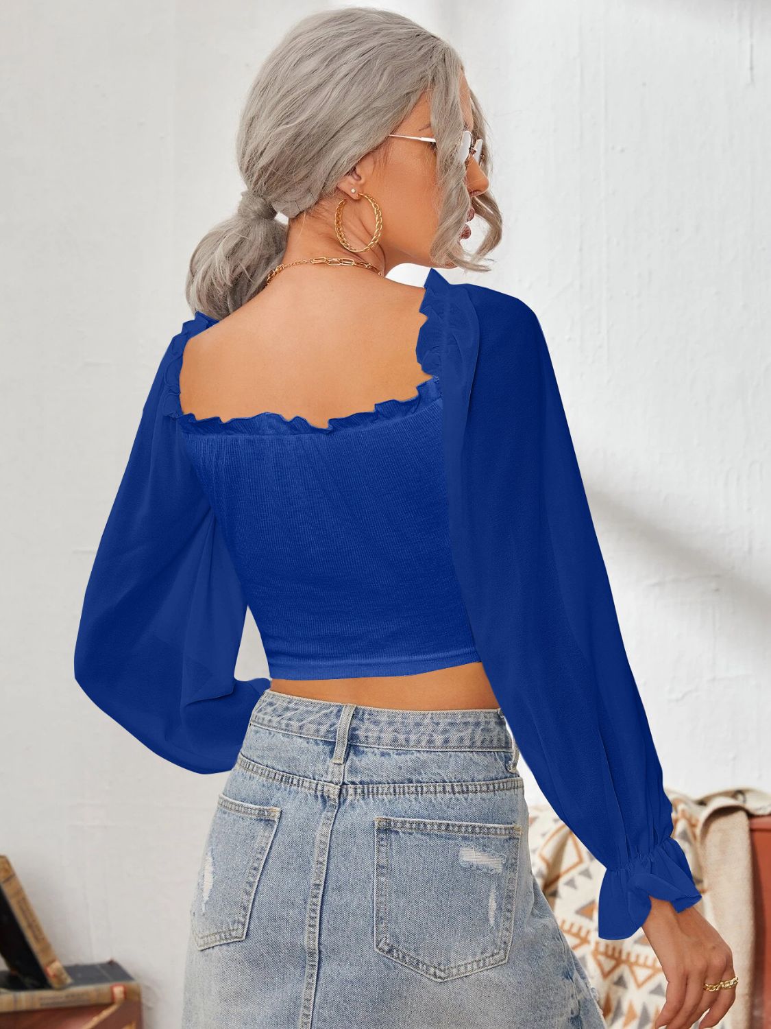 Mesh Sweetheart Neck Flounce Sleeve Top - Siennasass