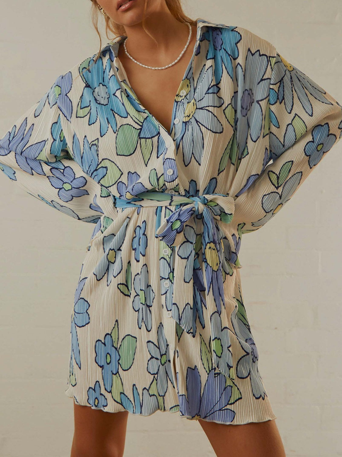 Tied Button Up Long Sleeve Dress - Siennasass
