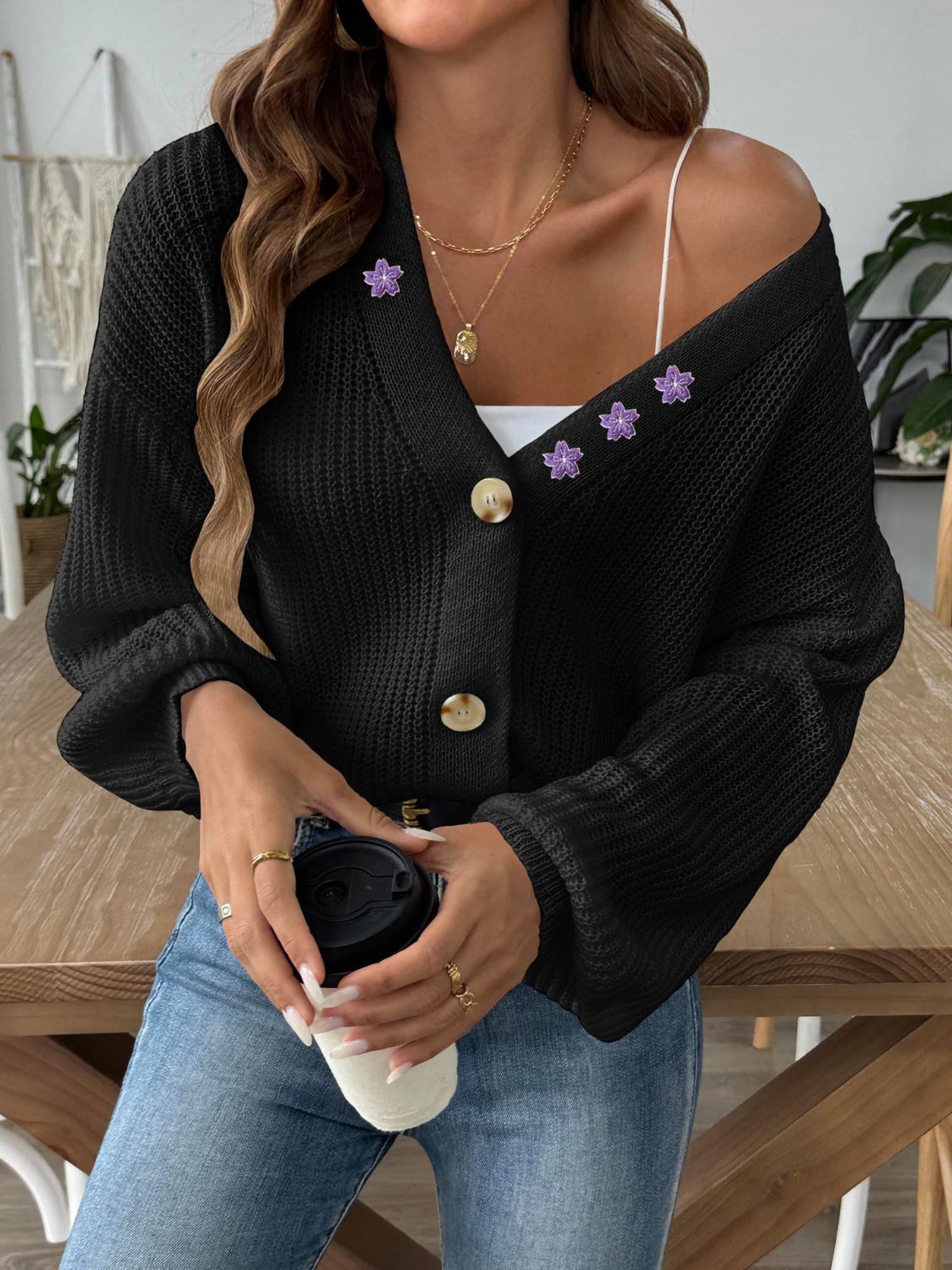 V-Neck Button Up Long Sleeve Cardigan - Siennasass
