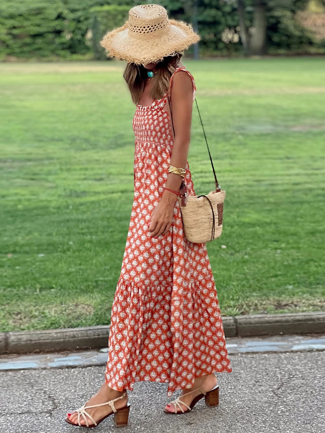 Smocked Printed Square Neck Sleeveless Dress - Siennasass