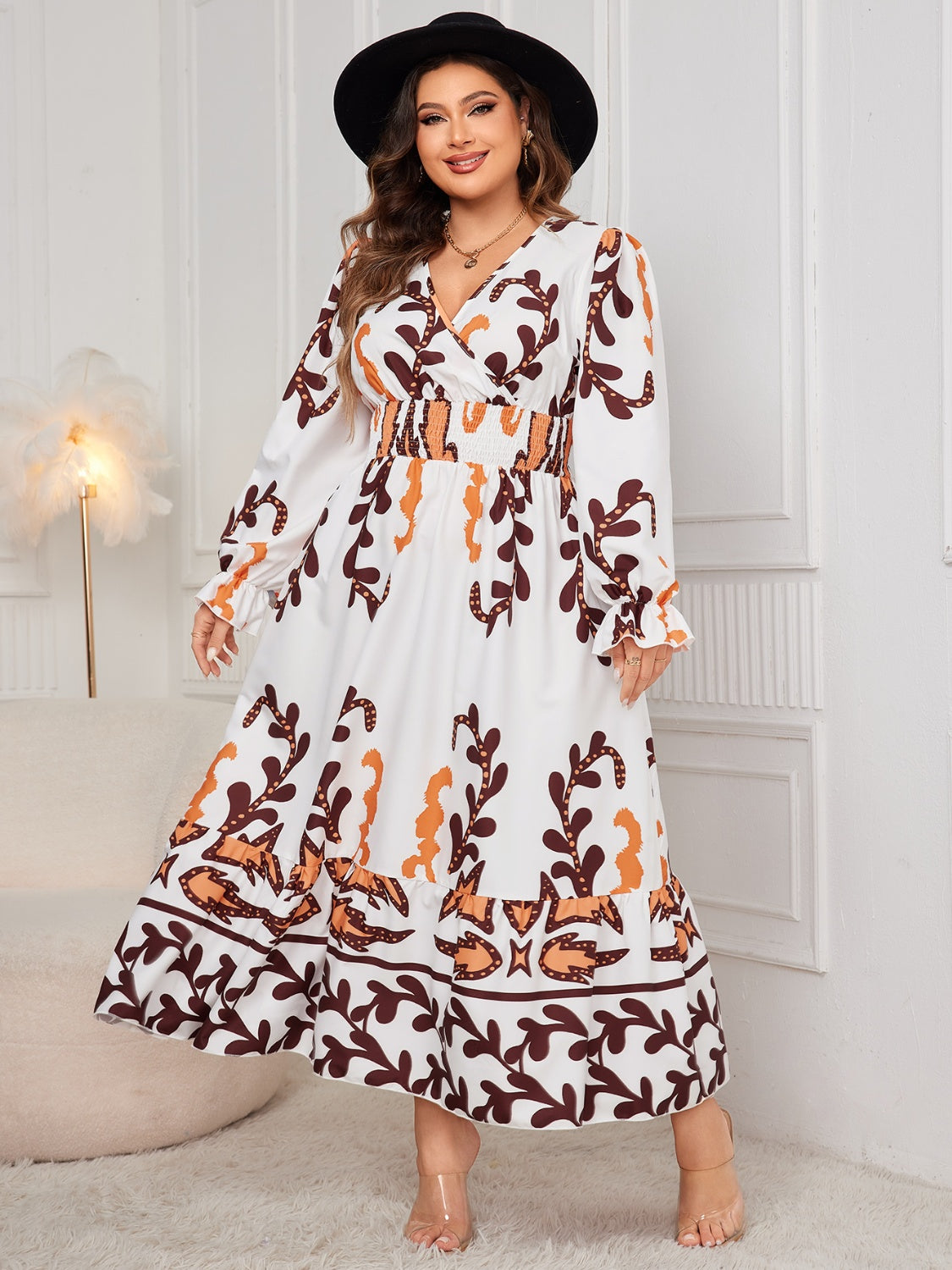 Plus Size Printed Surplice Flounce Sleeve Dress - Siennasass