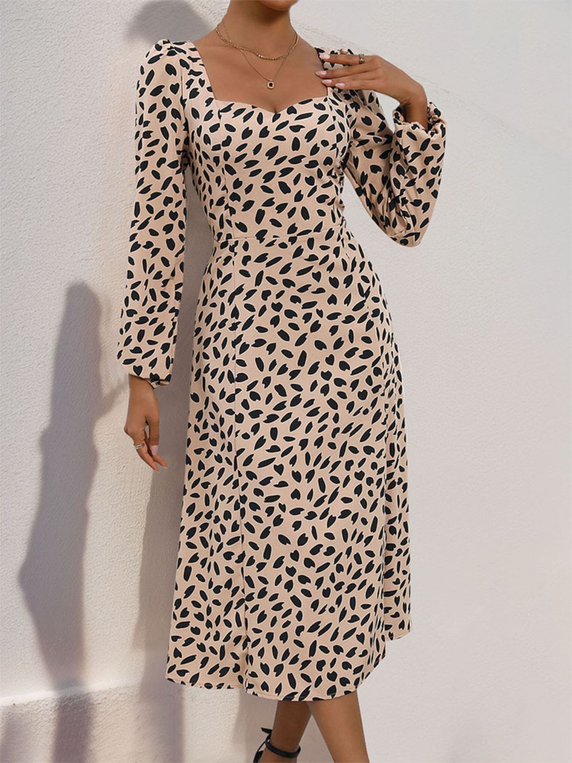 Tied Slit Printed Long Sleeve Midi Dress - Siennasass