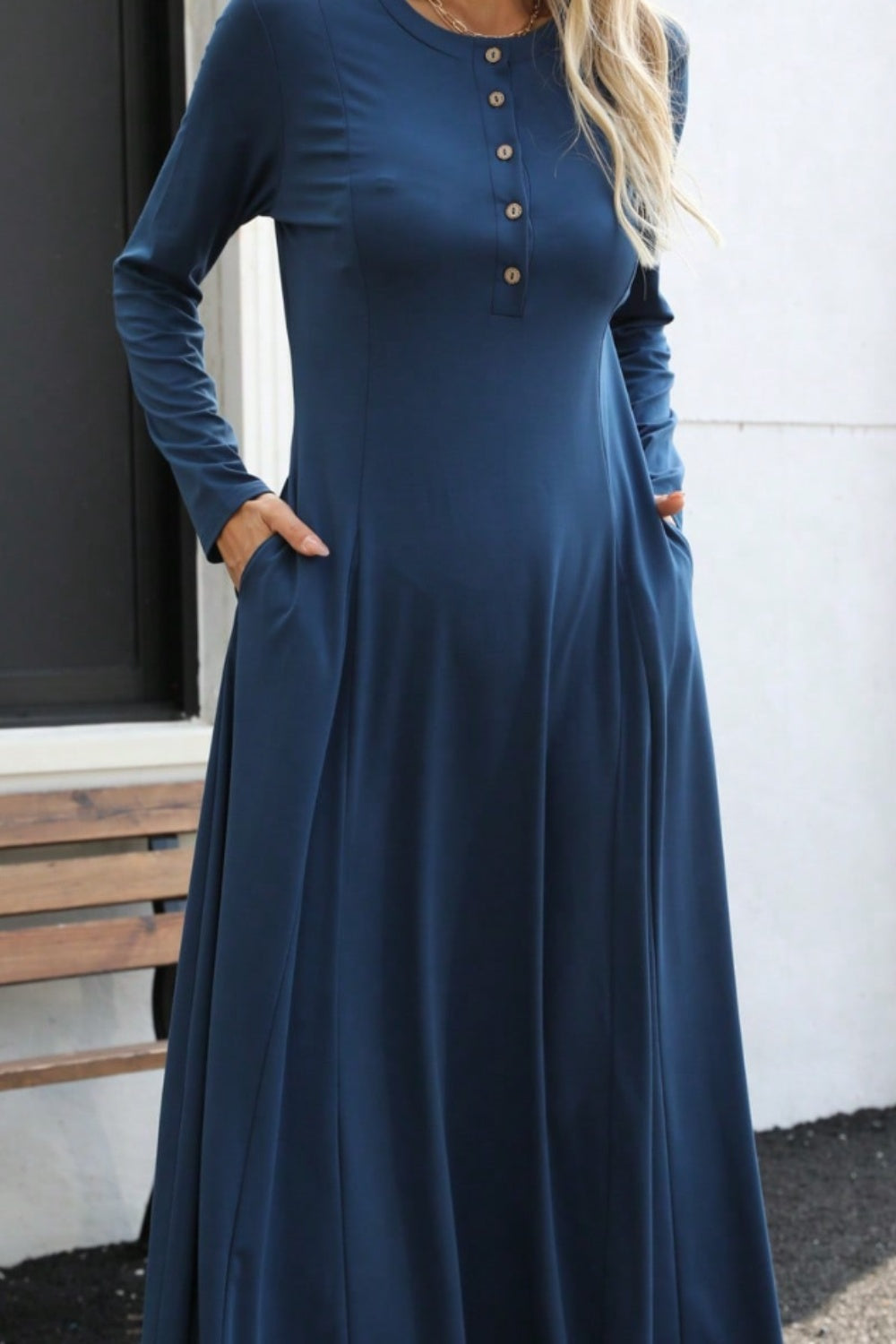 Round Neck Long Sleeve Maxi Dress with Pockets - Siennasass