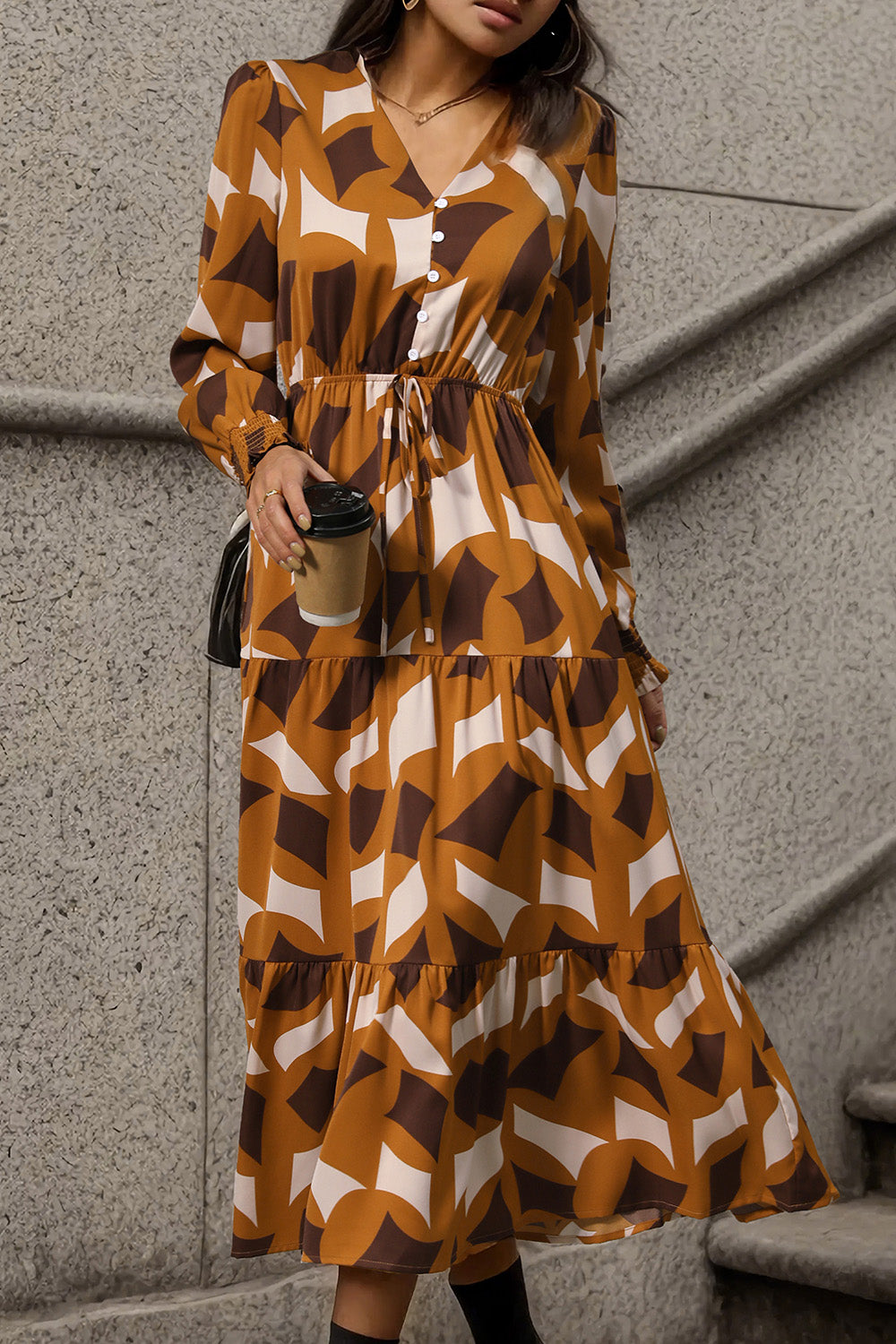 Perfee Printed Tied Pocketed Lantern Sleeve Dress - Siennasass