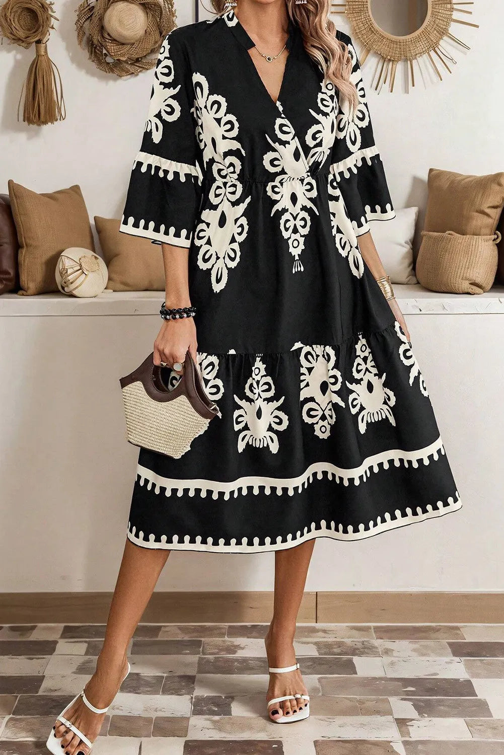 Printed Half Sleeve Knee Length Dress - Siennasass