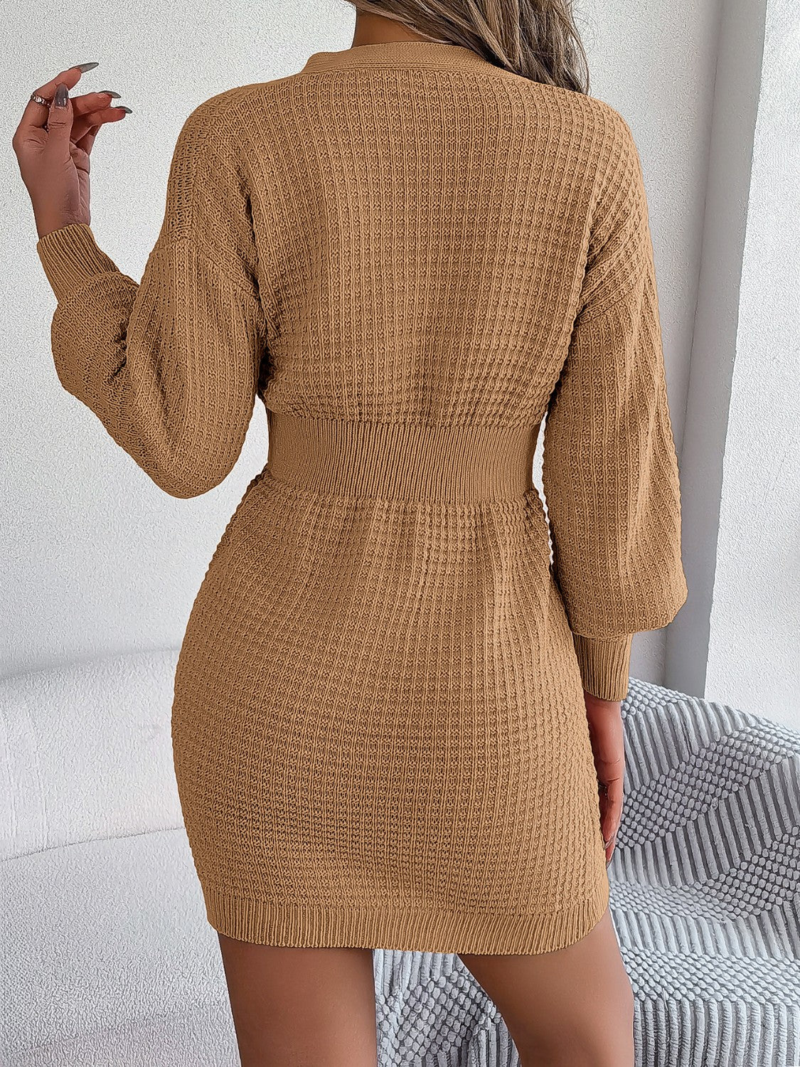 Buttoned Cable-Knit V-Neck Sweater Dress - Siennasass
