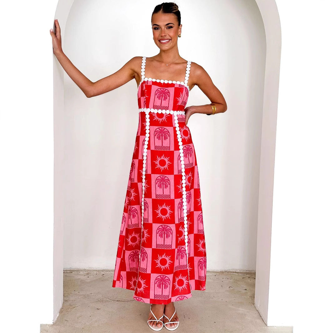 Off-neck Lace Printing Fashion Suspenders Dress