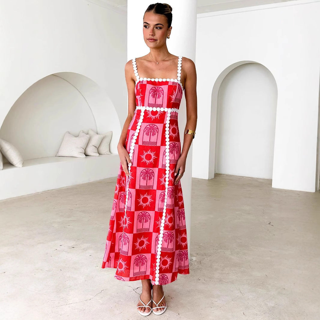 Off-neck Lace Printing Fashion Suspenders Dress