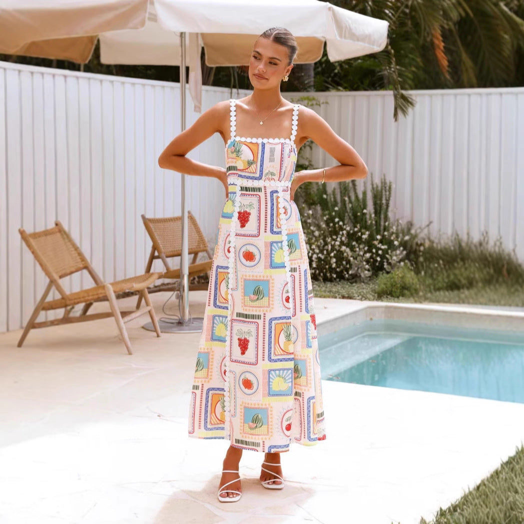 Off-neck Lace Printing Fashion Suspenders Dress