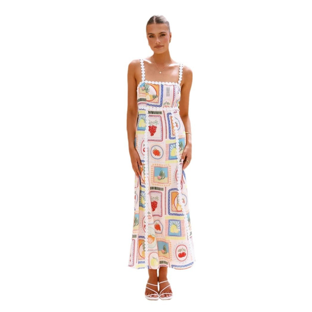 Off-neck Lace Printing Fashion Suspenders Dress
