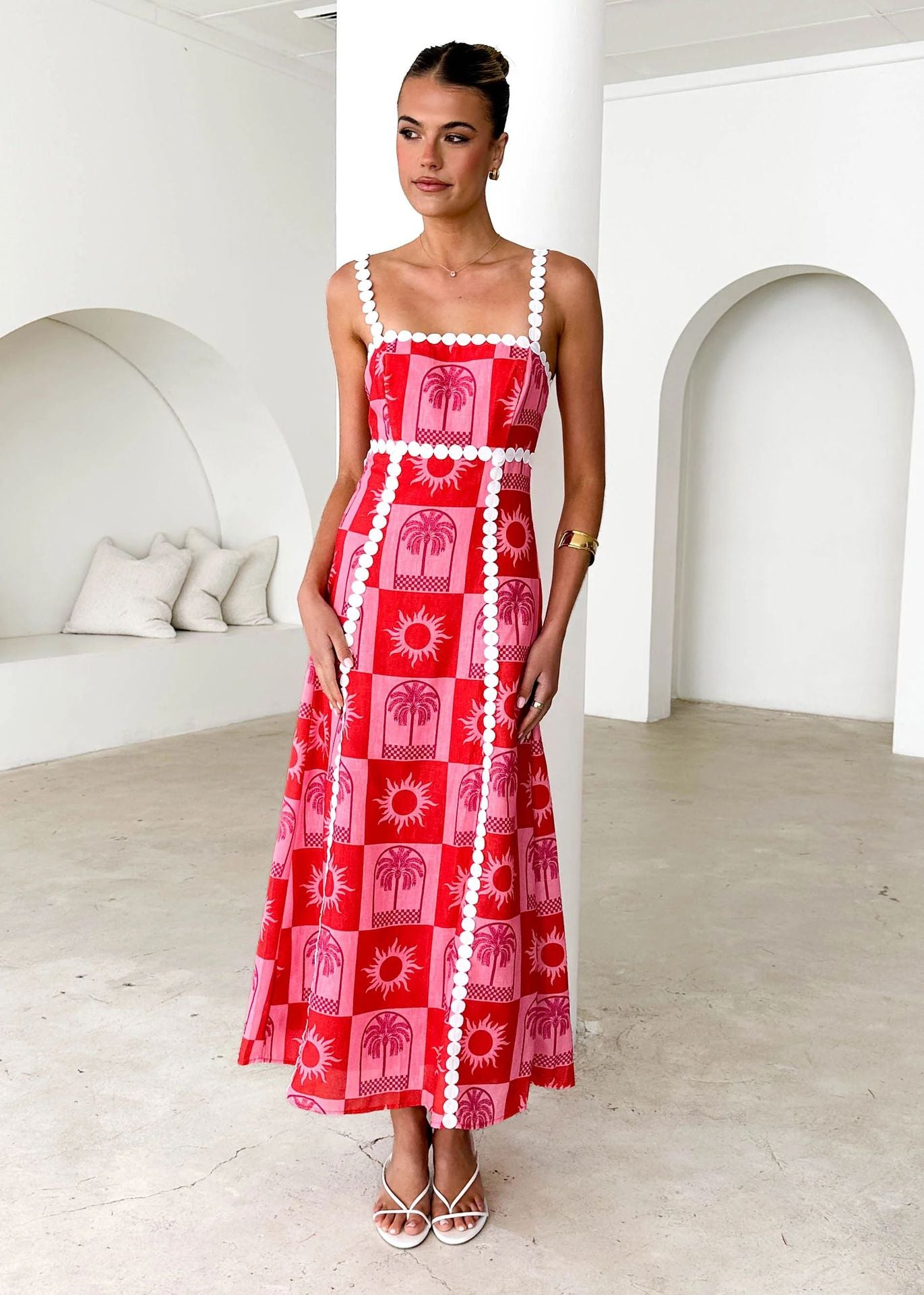 Off-neck Lace Printing Fashion Suspenders Dress