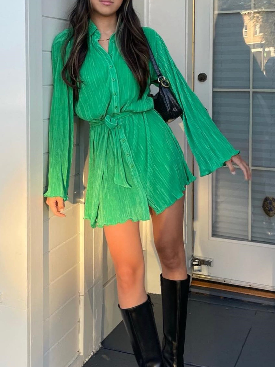 Tied Button Up Long Sleeve Dress - Siennasass