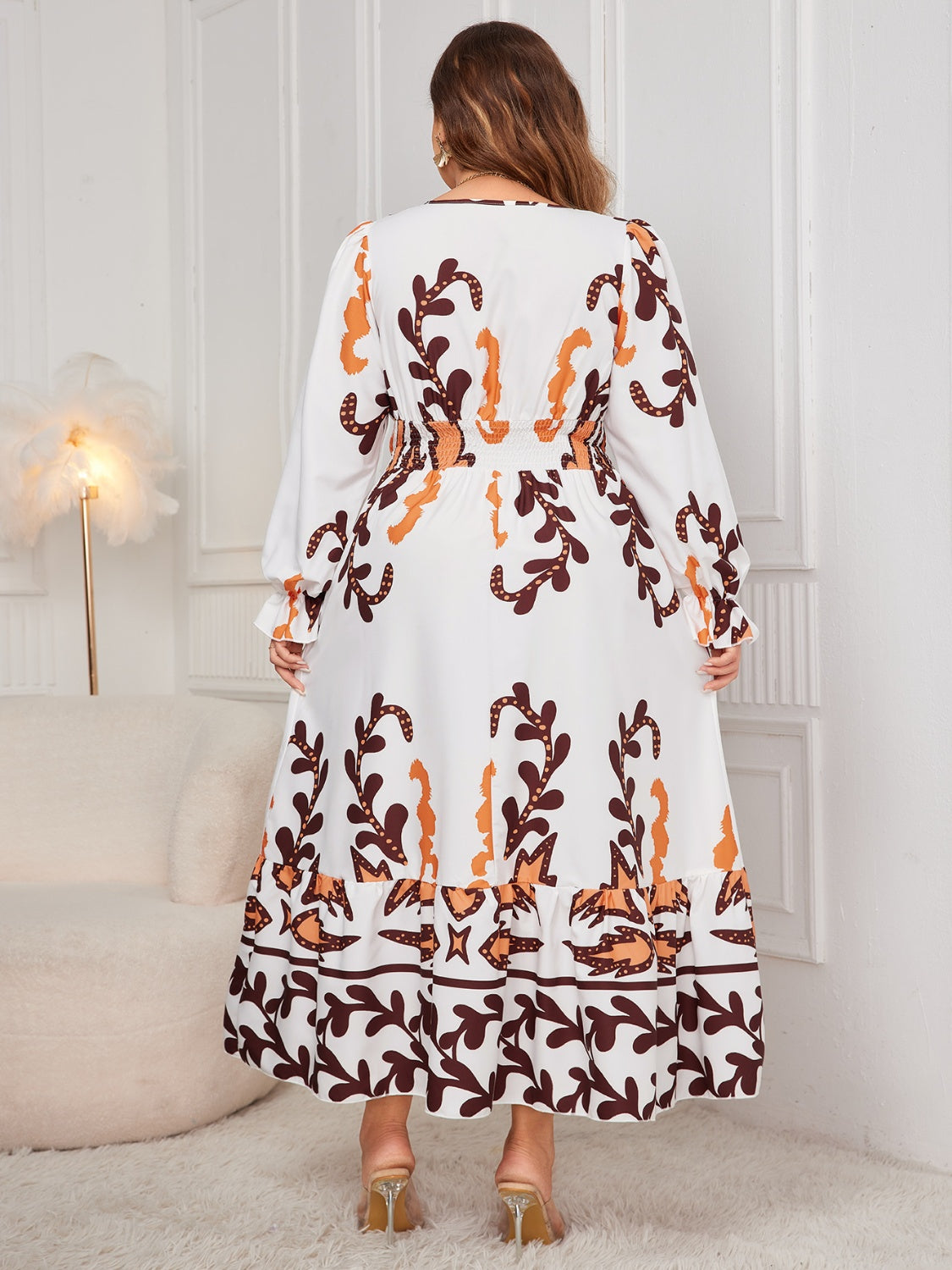 Plus Size Printed Surplice Flounce Sleeve Dress - Siennasass