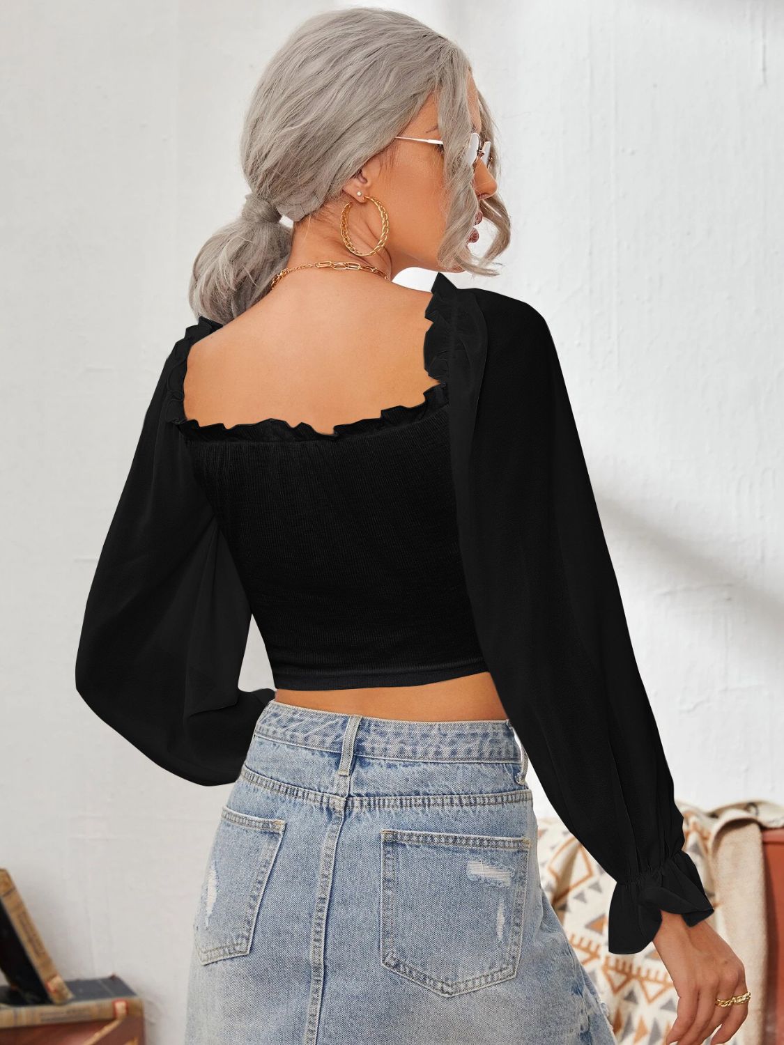 Mesh Sweetheart Neck Flounce Sleeve Top - Siennasass