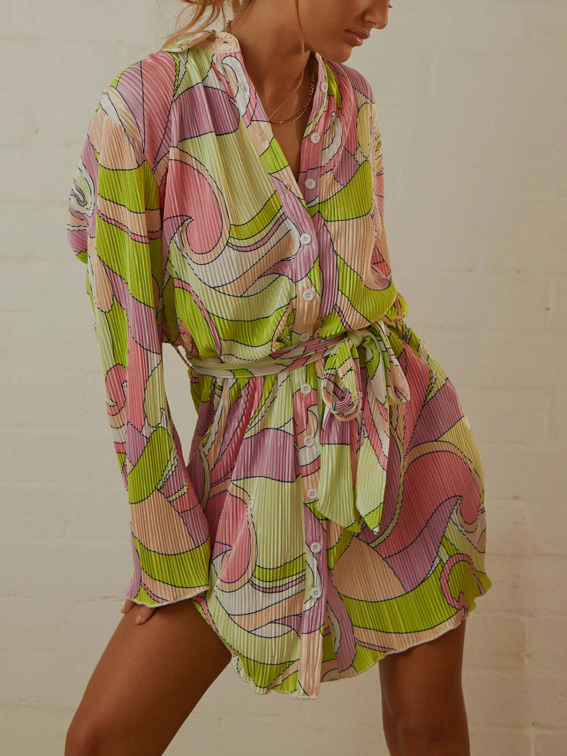 Tied Button Up Long Sleeve Dress - Siennasass